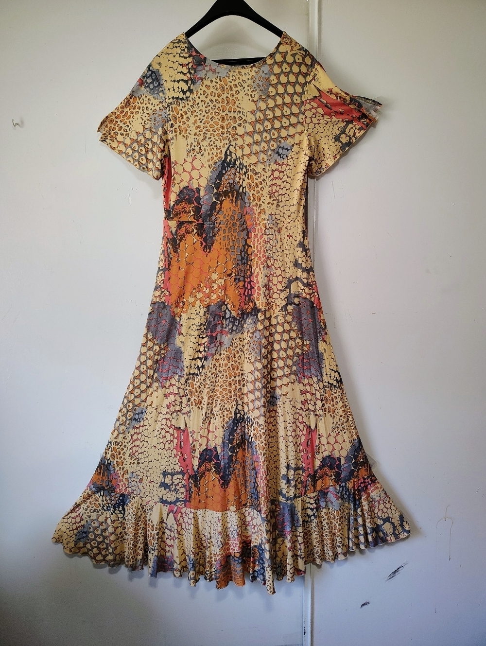 Lascana Maxi Dress — Multi-printed orange asymmetrical Ruffles side slit sz M. - Picture 4 of 16